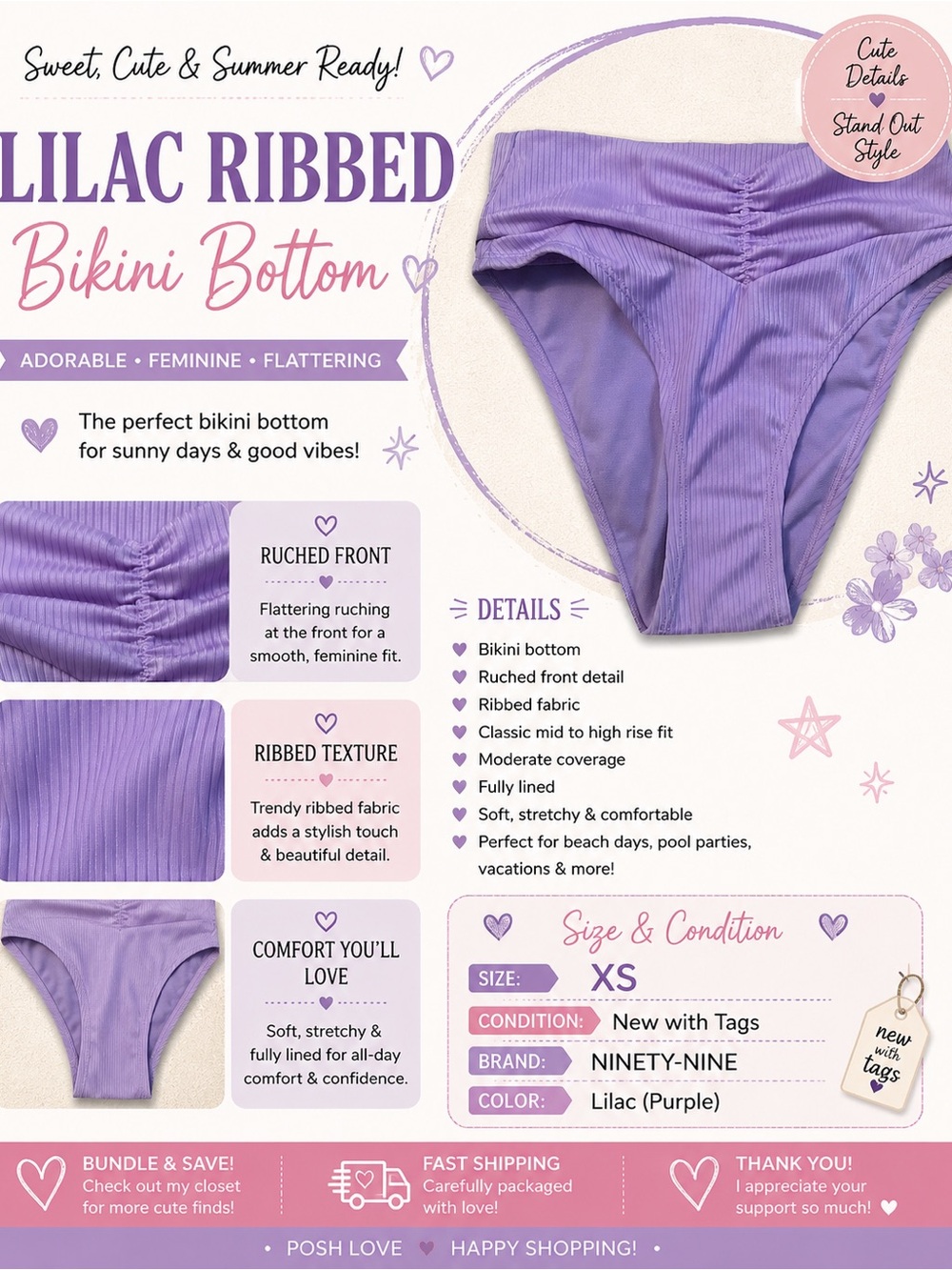 Ninety-Nine Lilac Ribbed High-Waist Bikini Bottom